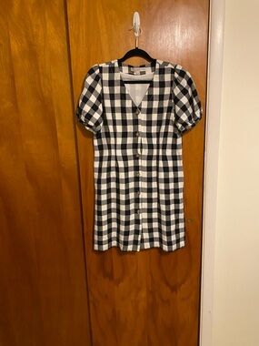 LOFT Black and White Gingham Puffy Short Sleeve Front Button Mini Dress